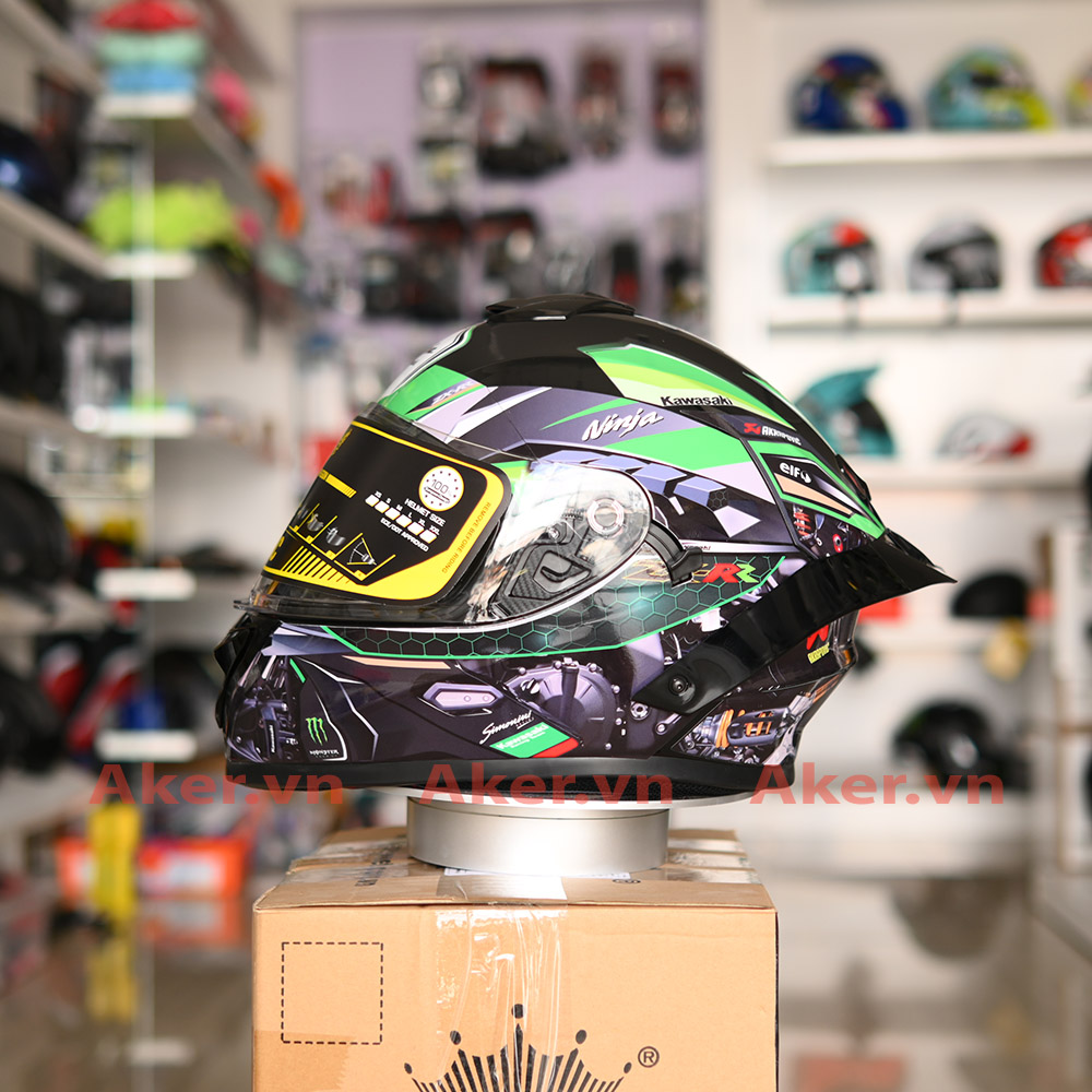 Mũ fullface roc 08 đen nhám dán tem decal kawasaki - tặng khăn trùm đầu ninja