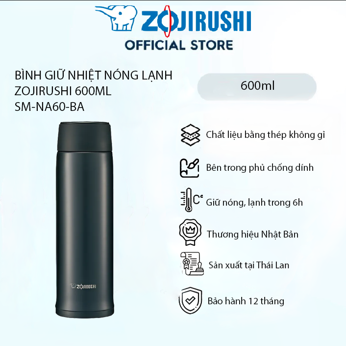 Bình giữ nhiệt nóng lạnh Zojirushi SM-NA60-BA 0,6L (Màu đen), sản xuất tại Thái Lan, bảo hành 1 năm chính hãng