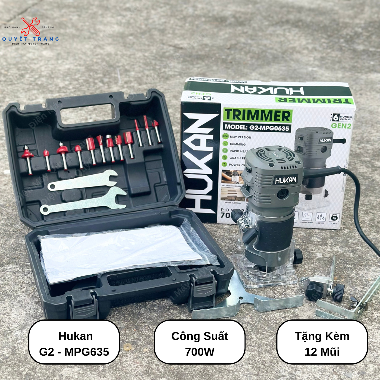 Máy soi máy phay gỗ hukan - g2 - mpg 0635, công suất 700w tặng kèm 12 mũi phay gỗ chuyên dụng