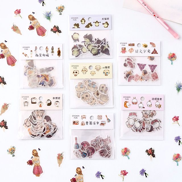 Set 32 miếng sticker mẫu động vật nhỏ siêu xinh xắn trang trí sổ tay lưu bút, Bộ 32 hình dán cartoon stickers chuột hamster, mèo, totoro, Túi 32 miếng Sticker fun dán trang trí sổ tay siêu xinh