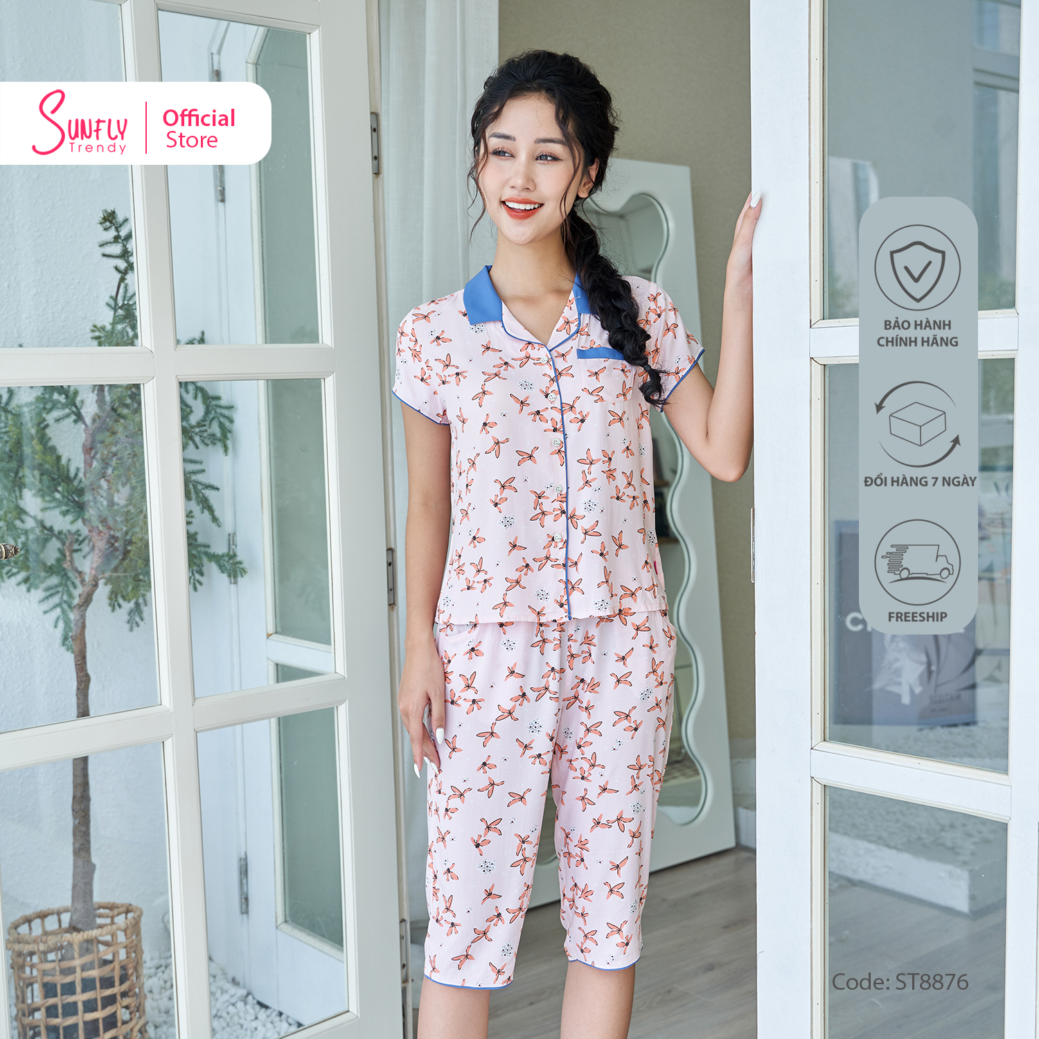 Bộ đồ mặc nhà nữ pyjamas lanh áo tay cộc quần ngố st8876