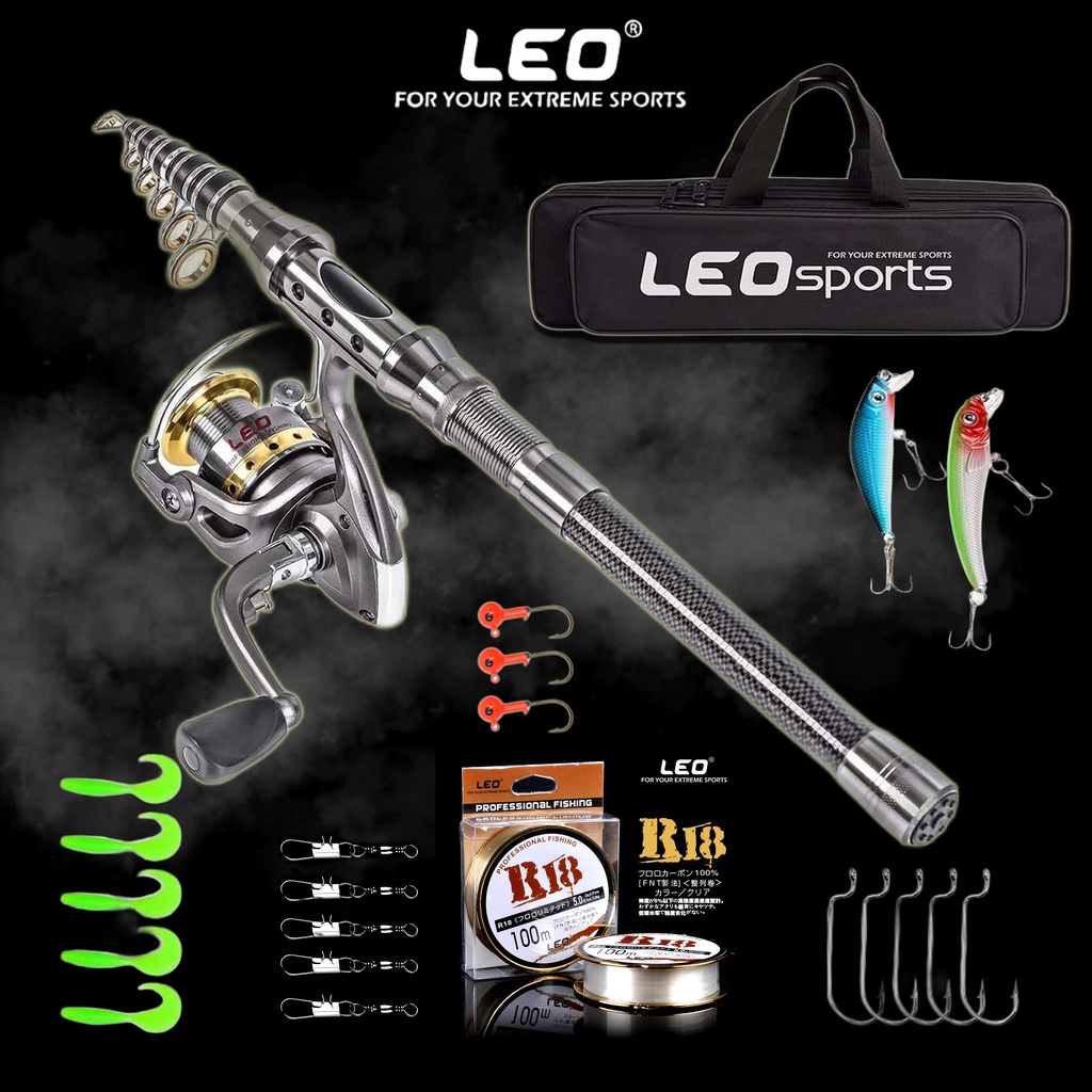 Cần câu máy, Cần câu cá mini Leo Sport dùng cho câu lure - câu lăng xê - câu lục tặng hộp phụ kiện và bao đeo