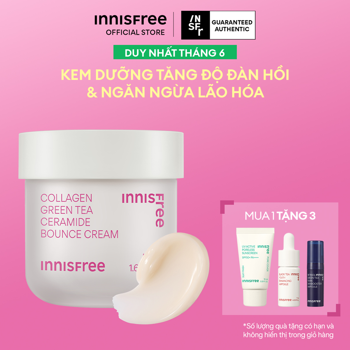 Kem dưỡng giúp làm mờ các dấu hiệu lão hóa trên da INNISFREE Collagen Green Tea Ceramide Bounce Cream 50mL