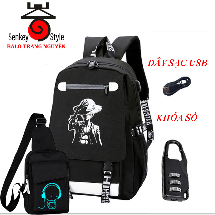Combo balo nam dạ quang phát sáng hình Luffy + Túi đeo chéo dạ quang BoyMusic, tặng kèm cáp sạc USB, khóa số chống trộm