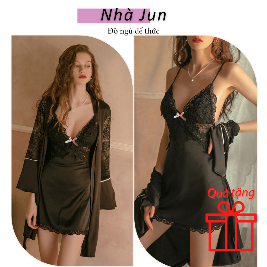 Đồ ngủ sexy váy ngủ sexy chất liệu lụa phối ren Nhà Jun mang đến đầm ngủ gợi cảm hay váy ngủ gợi cảm với kiểu dáng sexy Váy ngủ sexy không mút ngực có dây điều chỉnh Đồ ngủ để thức NJ02 Màu Đen