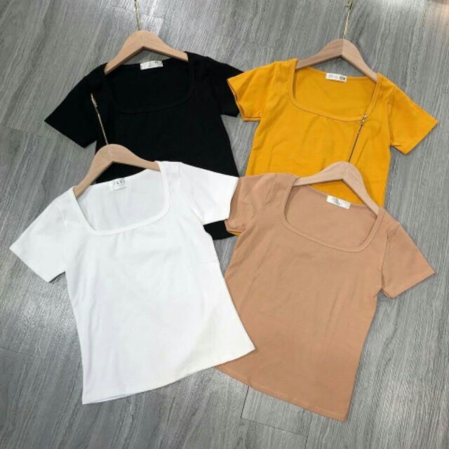 Áo phông cổ vuông tay ngắn chất cotton mịn đẹp, áo thun body co giãn 4 chiều ôm dáng