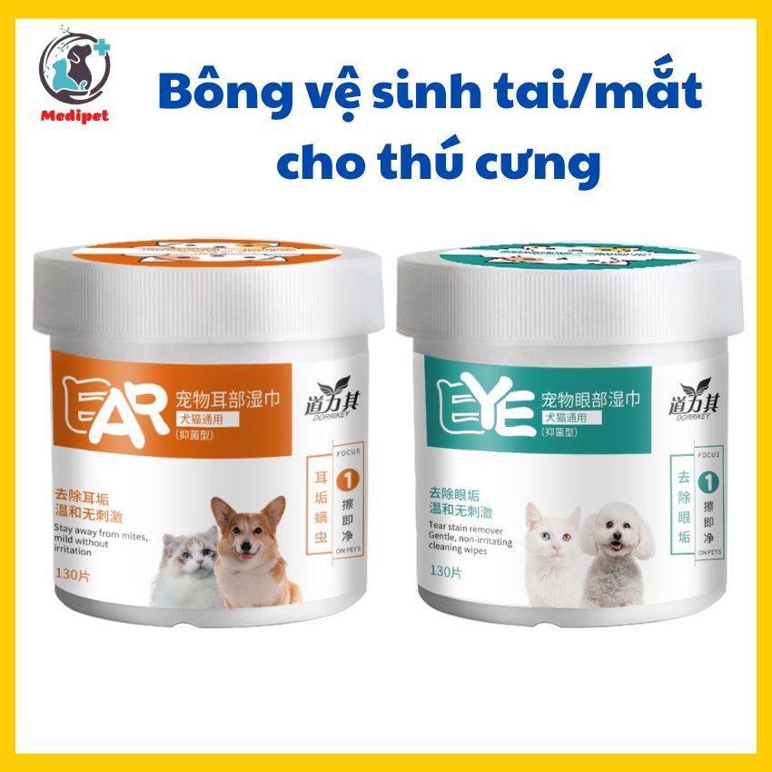 Bông lau vệ sinh tai mắt Dorrikey cho chó mèo khăn lau vết bẩn ố mắt nước mắt lau tai hộp 130 miếng Medipet