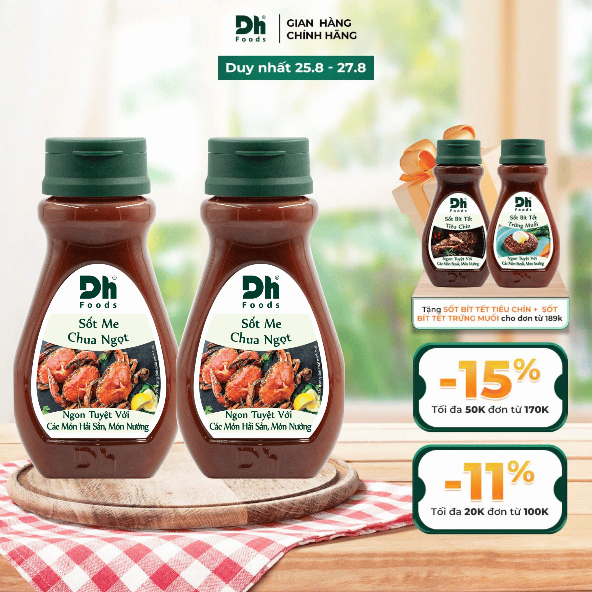 Combo 2 chai sốt chấm 200gr Dh Foods (Chanh dây, Tiêu Đen, Me Chua Ngọt) gia vị ướp BBQ, đồ chấm thịt nướng hải sản