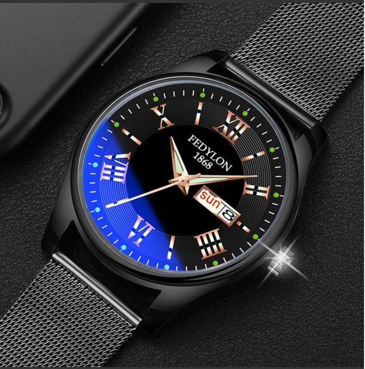 đồng hồ nam dây thép lụa cao cấp ,có lịch ngày,kim dạ quang,mặt kính đổi màu