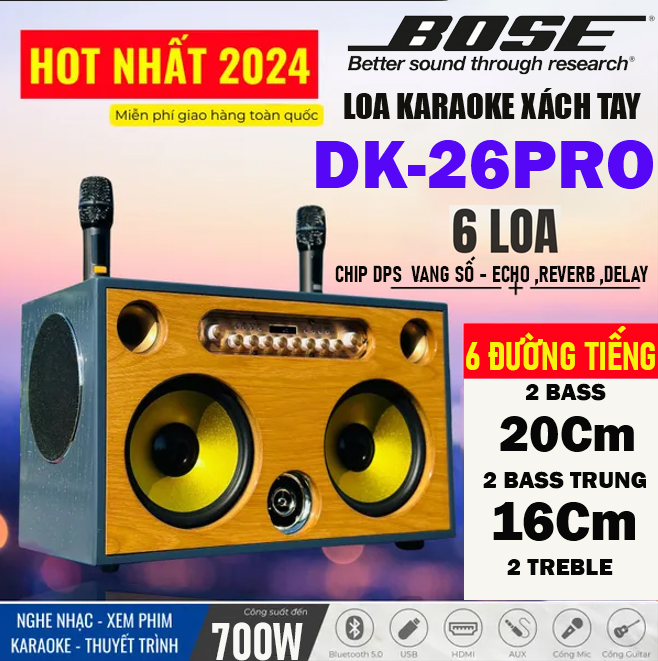 SIÊU LOA MỚI 2024 - Loa Karaoke Xách Tay Di Động BOSE-DK29PRO - Kèm 2 Micro UHF Chống Hú- Hệ Thống 6 Loa 6 Đường Tiếng Siêu Trầm 2 Bass 20CM, 2 Bass 16Cm, 2 Treble Công Suất 700W Chíp Sử Lý DSP Vang Số ECHO,REVERB, DELAY- Bluetooth 5.0,Cáp Quang,HDML- AUX