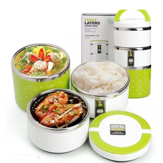 Hộp đựng cơm giữ nhiệt chấm bi 3 ngăn inox 2 lớp dung tích 1230ml có nắp đậy kín và có quai xách tiện lợi - hộp đựng cơm văn phòng cao cấp
