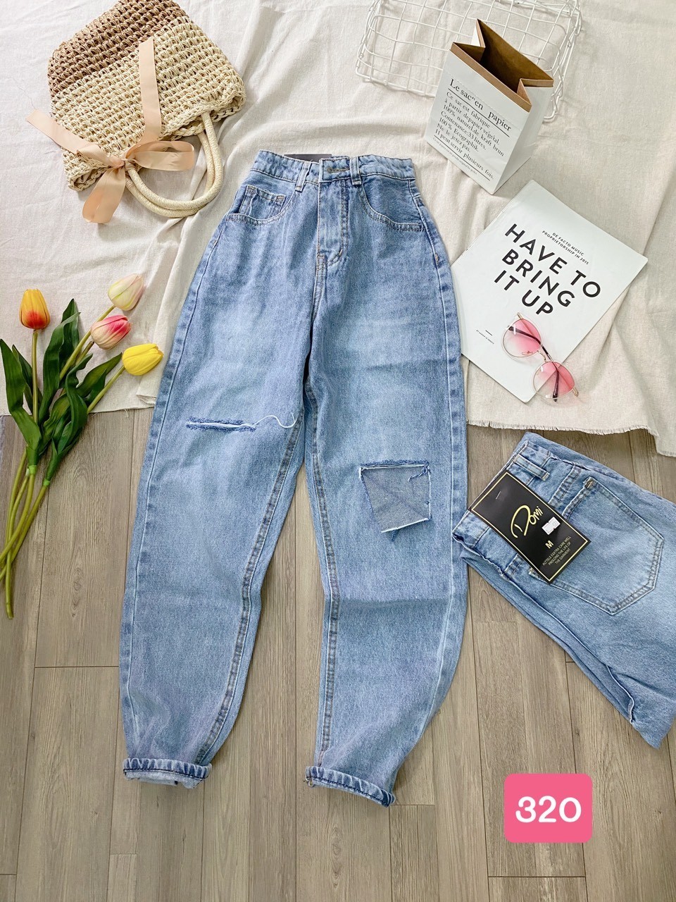 [ HÌNH THẬT!! ] QUẦN JEAN NỮ LƯNG CAO KIỂU QUẦN BAGGY JEAN NỮ LƯNG CAO MÀU XANH NHẠT UTI RÁCH NGANG TRÁI VẠT PHẢI SIÊU PHONG CÁCH CỰC CUTE