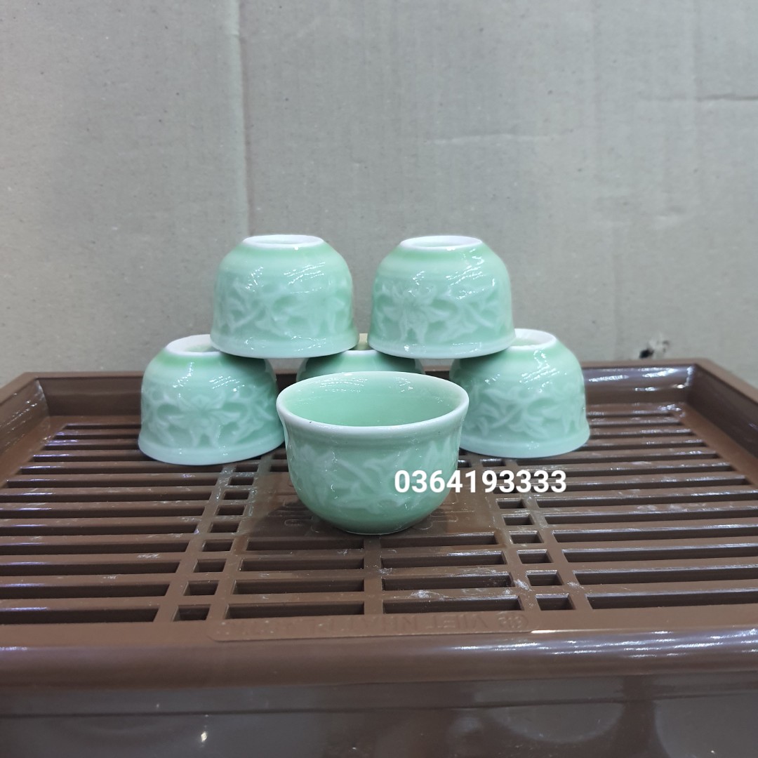Combo 6 Chén sứ uống trà màu xanh không quai chén sứ quả hồng đẹp 40ml