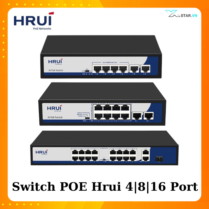 Thiết bị chuyển mạch switch poe hrui 4 | 8 | 16 port + 2 port uplink - chính hãng, bảo hành 24 tháng