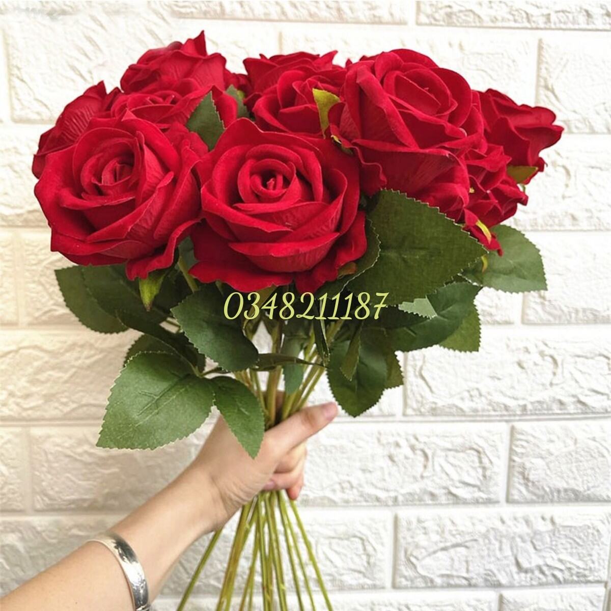 Hoa giả - hoa hồng nhung cành dài 70 cm - hoa lụa cao cấp.