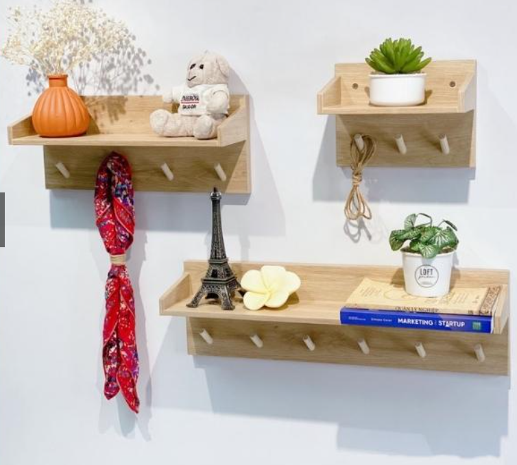 Kệ gỗ treo tường decor trang trí,để đồ,để sách có móc treo quần áo,treo phụ kiện