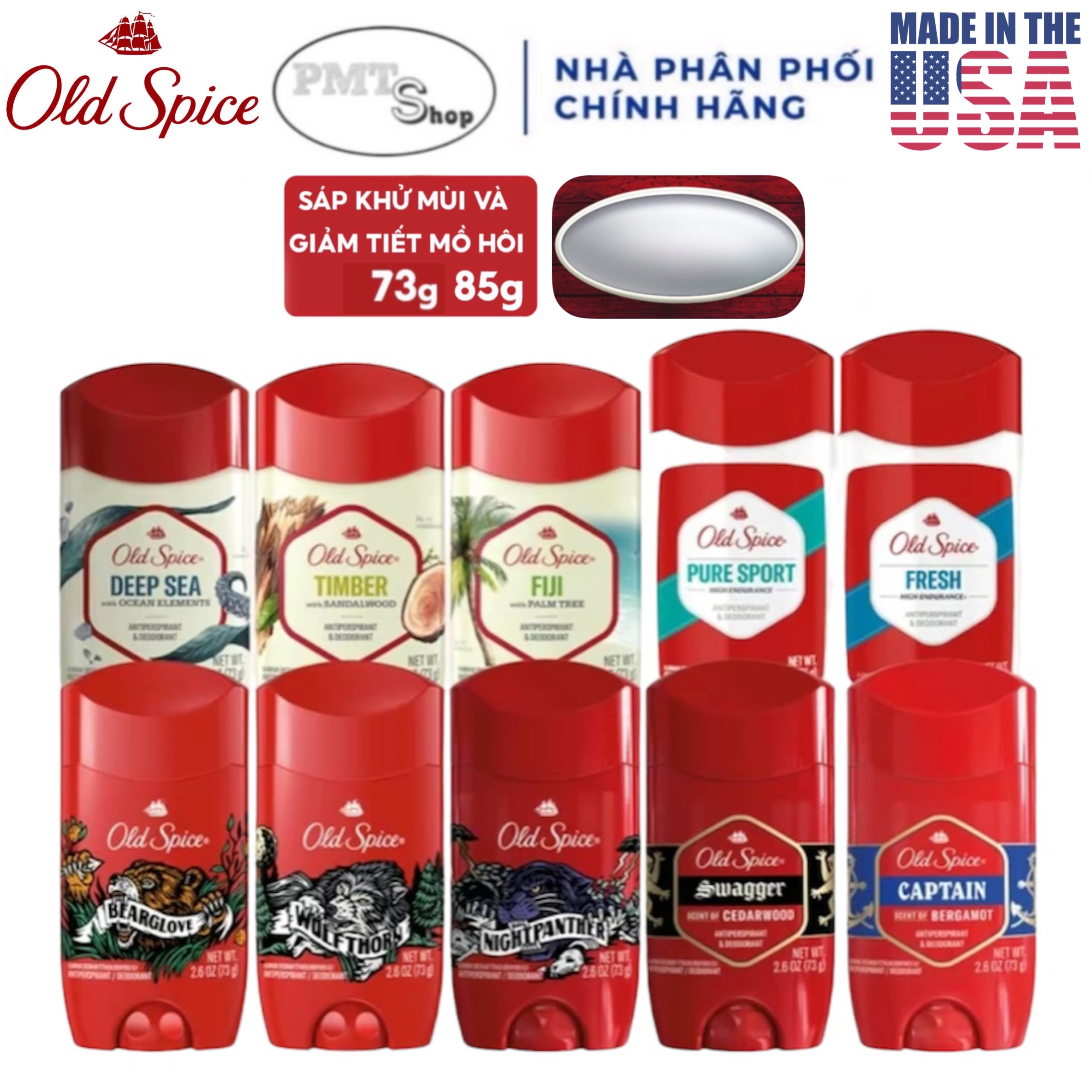 (NK Mỹ) Lăn khử mùi Old Spice 73g Sáp trắng Bearglove / Timber / Fiji / Wolfthorn / Captain / Deep Sea / Swagger / Fresh / Pure Sport 85g