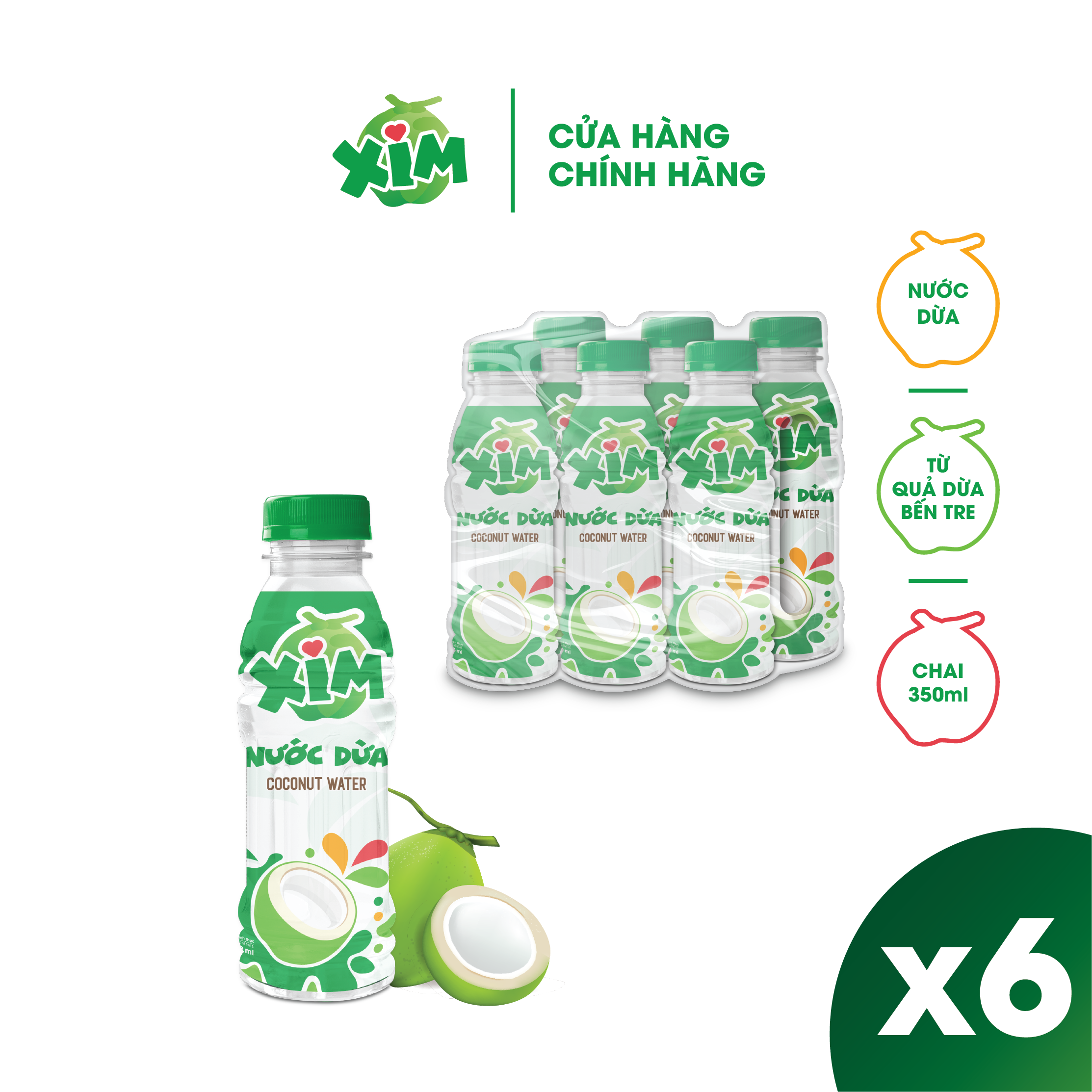 Combo 6 chai nước dừa xim chai pet 350ml