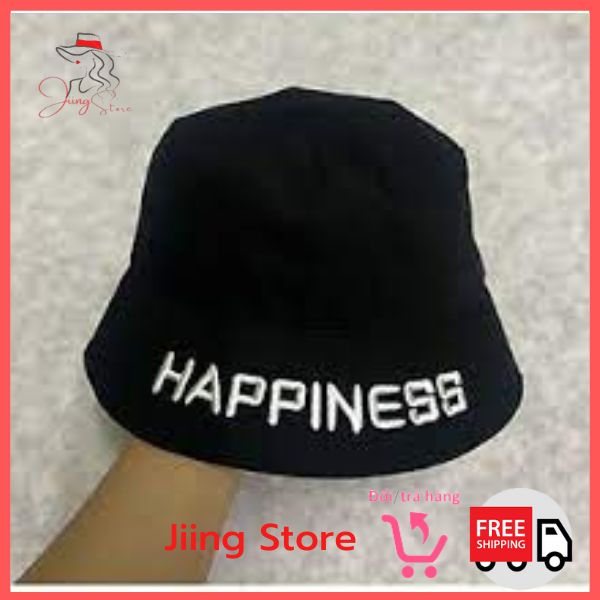 Nón bucket thêu chữ HAPPINESS nam nữ thời trang, Nón vành trơn Jiing Store phong cách Ulzzang unisex