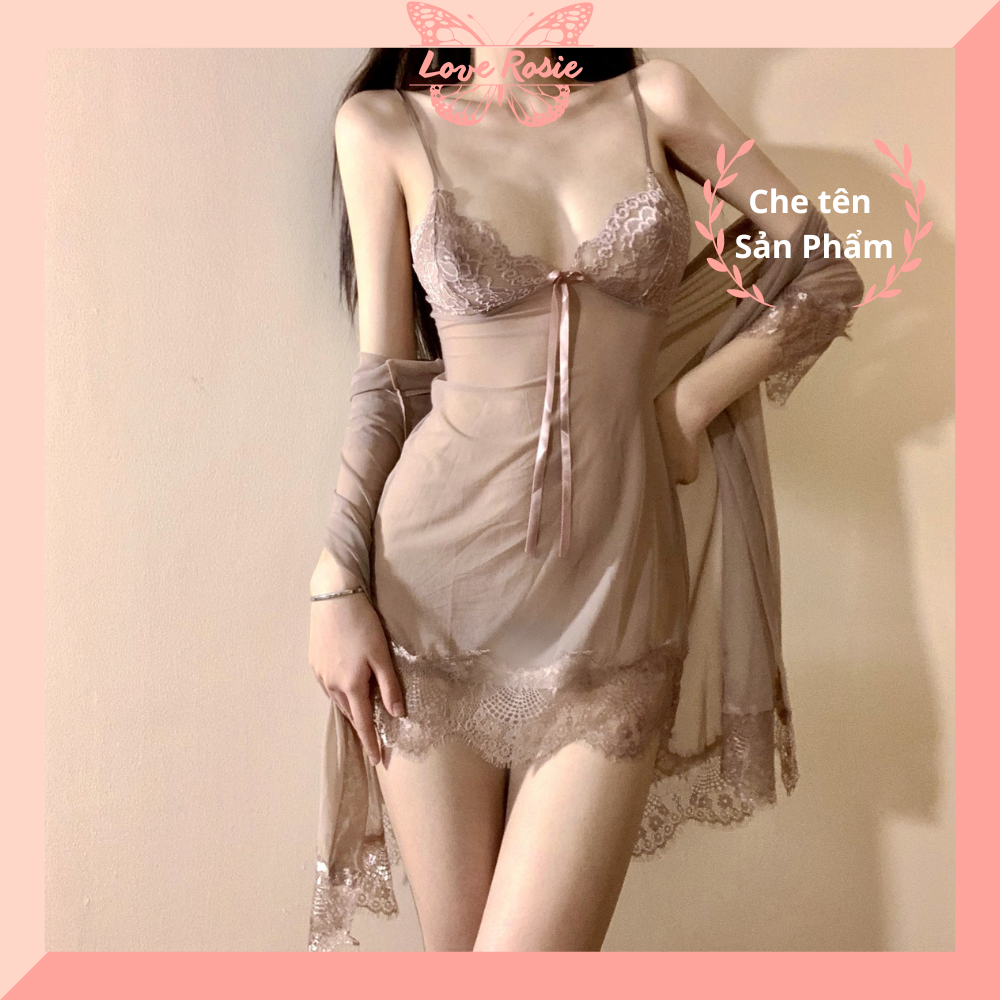 Váy ngủ sexy cao cấp, đầm ngủ 2 dây ren voan mỏng có kèm áo choàng love rosie - v03