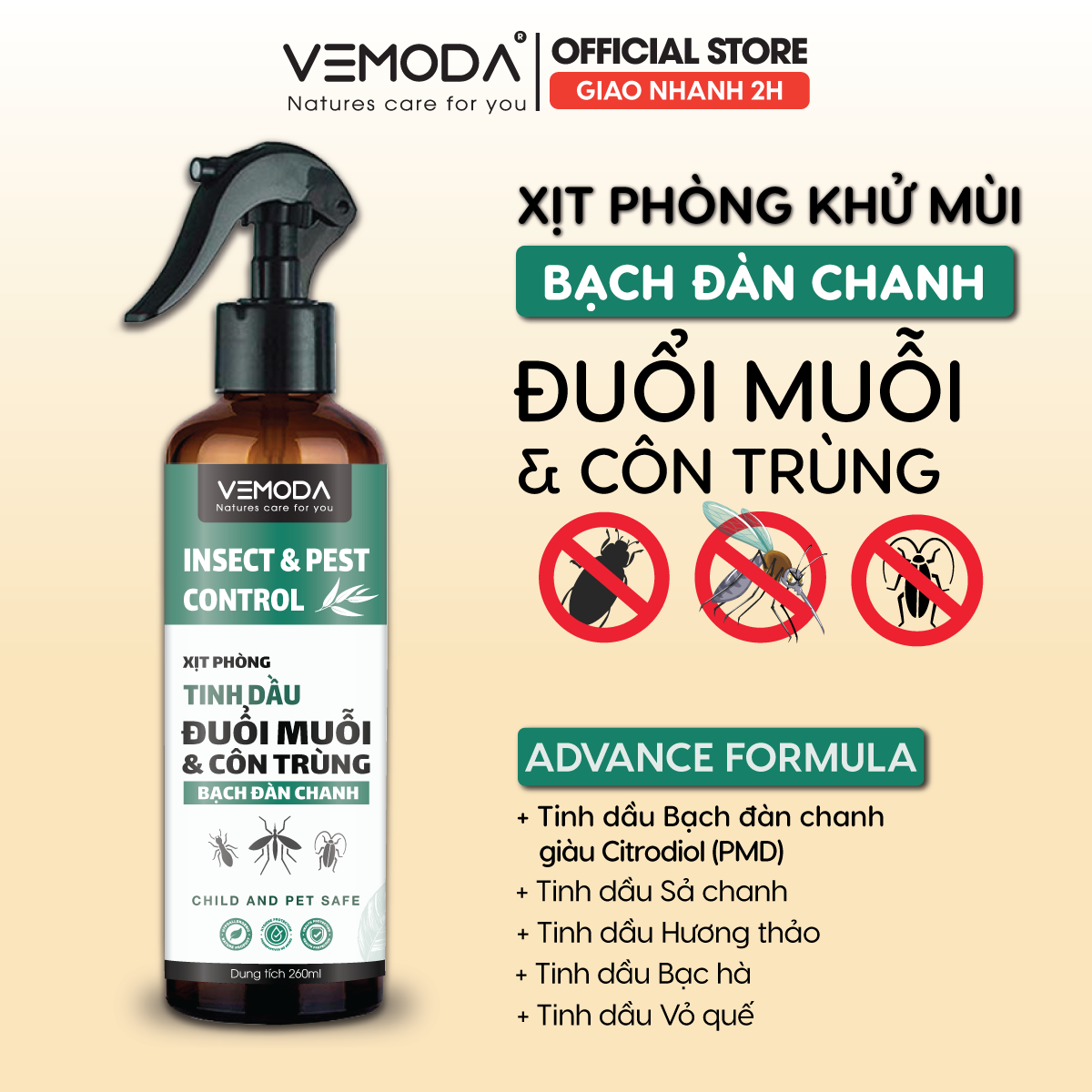 Xịt phòng tinh dầu đuổi muỗi tinh dầu Bạch đàn chanh. Xịt phòng khử mùi, kháng khuẩn, thanh lọc không khí, thơm phòng, khử khuẩn. Dung tích 260ml - VEMODA