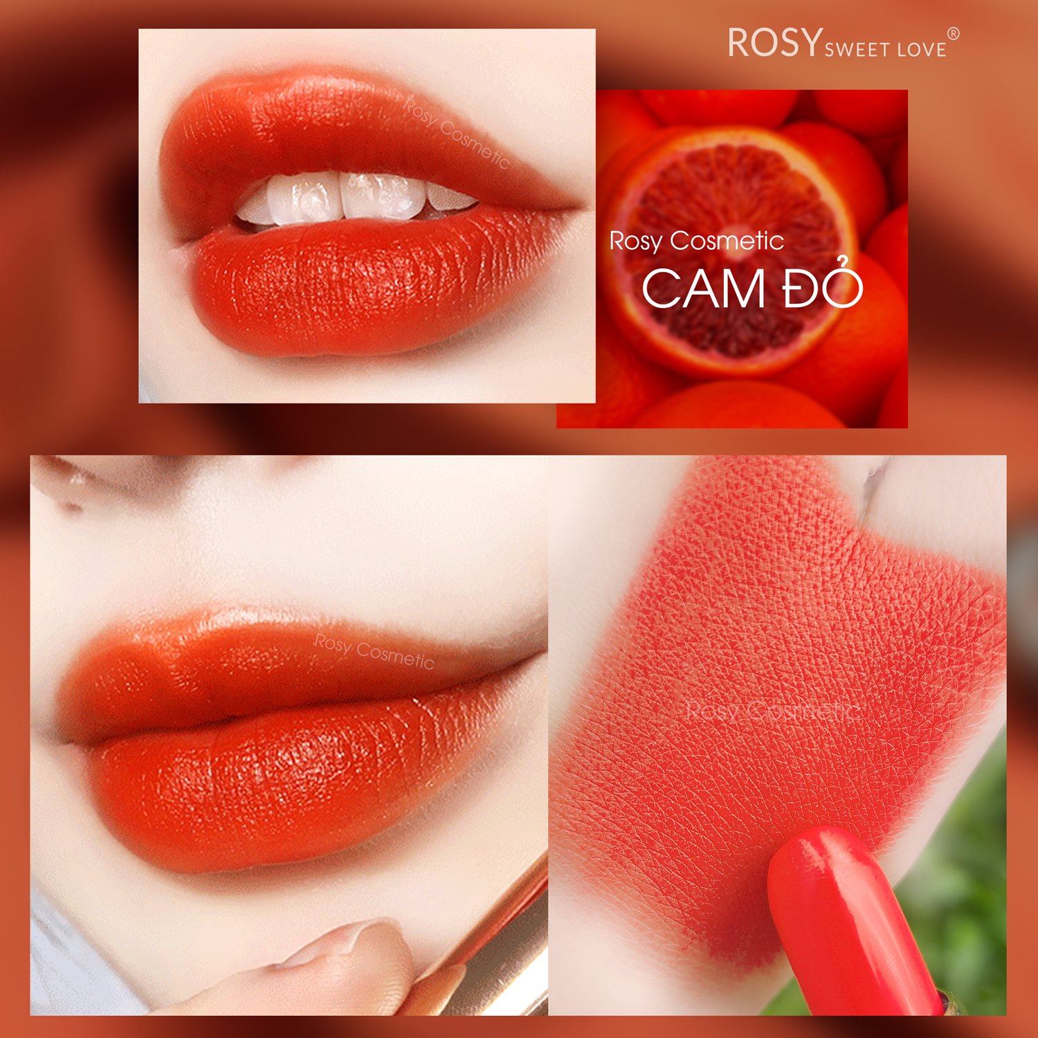 Son Rosy - Son Rosy Sweet Love - Son Sáp lì Rosy - Son nhung lì Rosy Matte Lipstick Không Chì màu Cam Đỏ cao cấp chính hãng