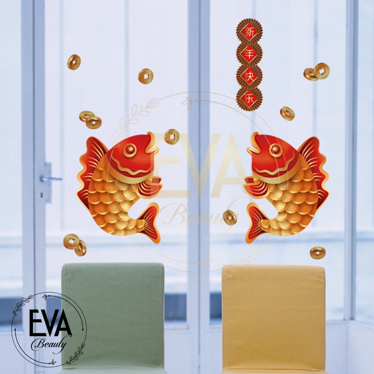 [HCM]Decal Dán Tường Dán Kính Trang Trí Tết Họa Tiết Cá Chép Đồng Tiền May Mắn SK6125 M3145