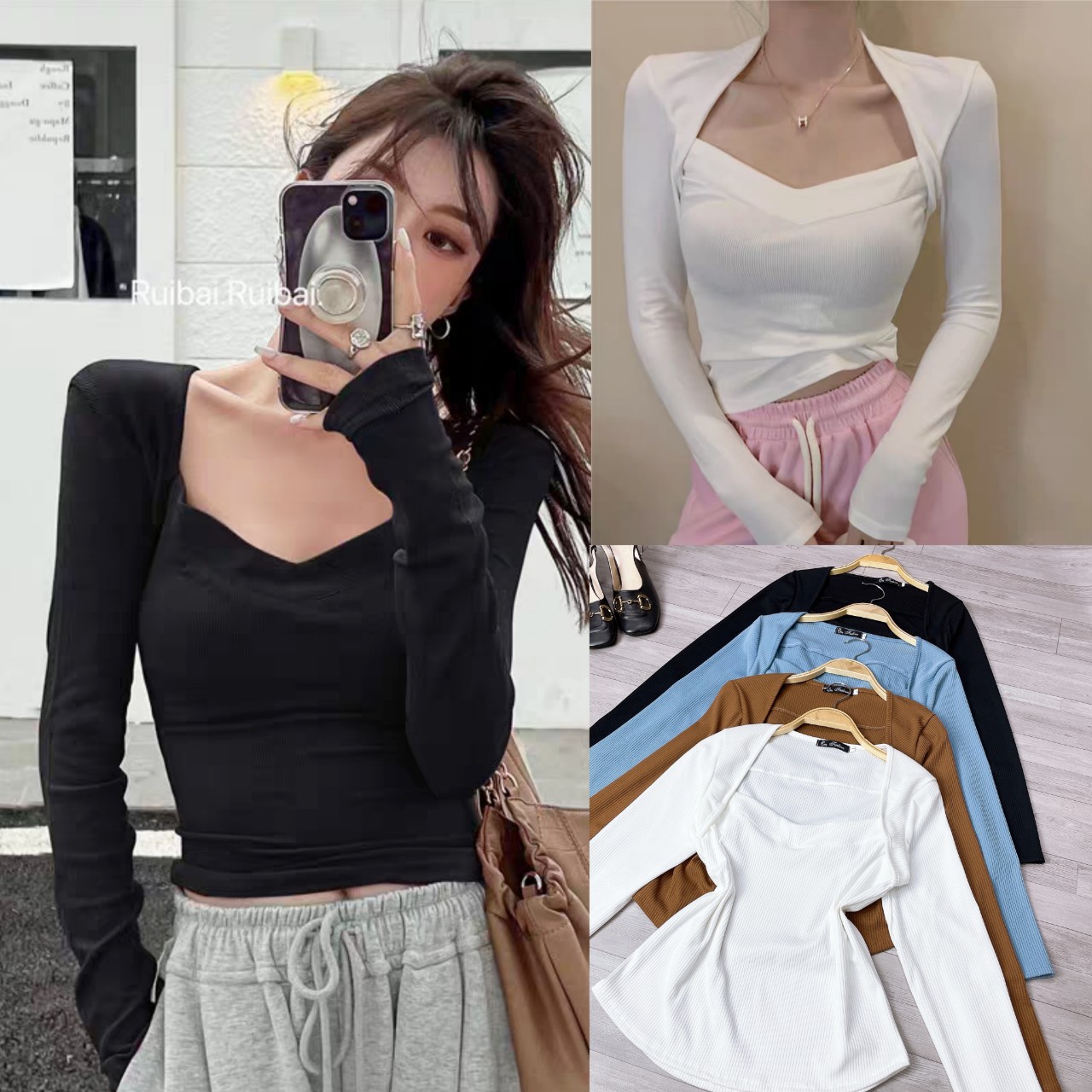 Áo Thun Croptop Cổ Chữ V, Áo Bigsize Tay Dài Chất Thun Gân Co Giãn - G103