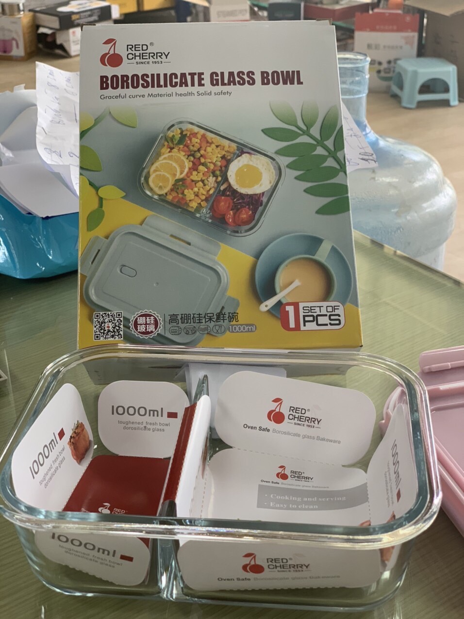 Hộp cơm văn phòng bằng thủy tinh chia 2 ngăn 1000mL