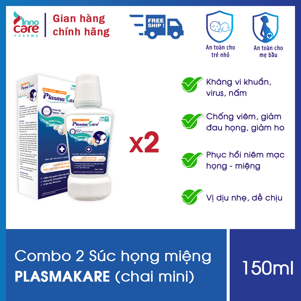 Combo 2 Nước súc miệng, nước súc họng, súc họng miệng Nano Bạc PlasmaKare chai mini 150ml: Dịu họng, Giảm ho, Sạch đờm
