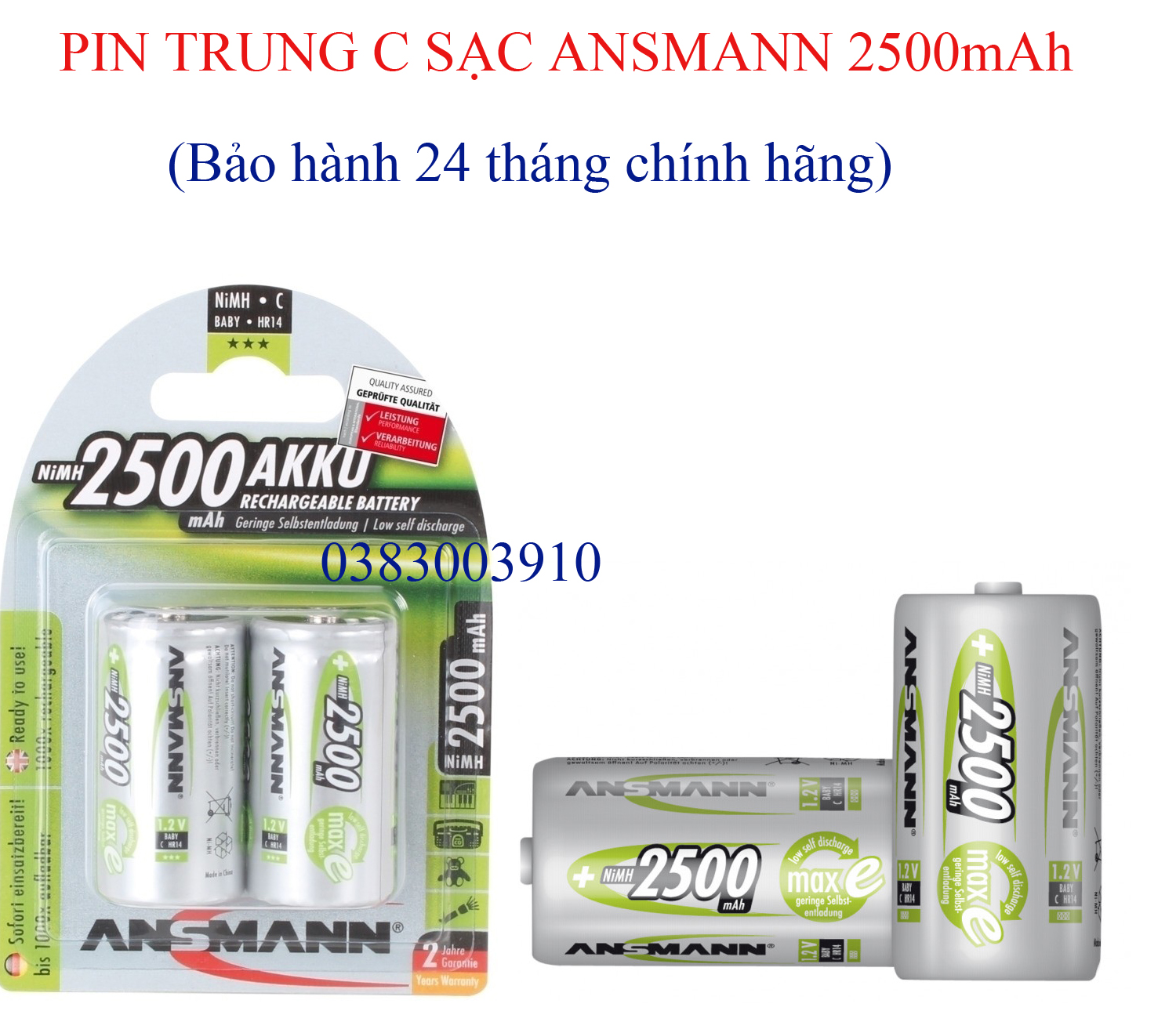 Pin trung C sạc ANSMANN 2500mAh 1.2v NiMH HR14 BL2 vỉ 2 viên