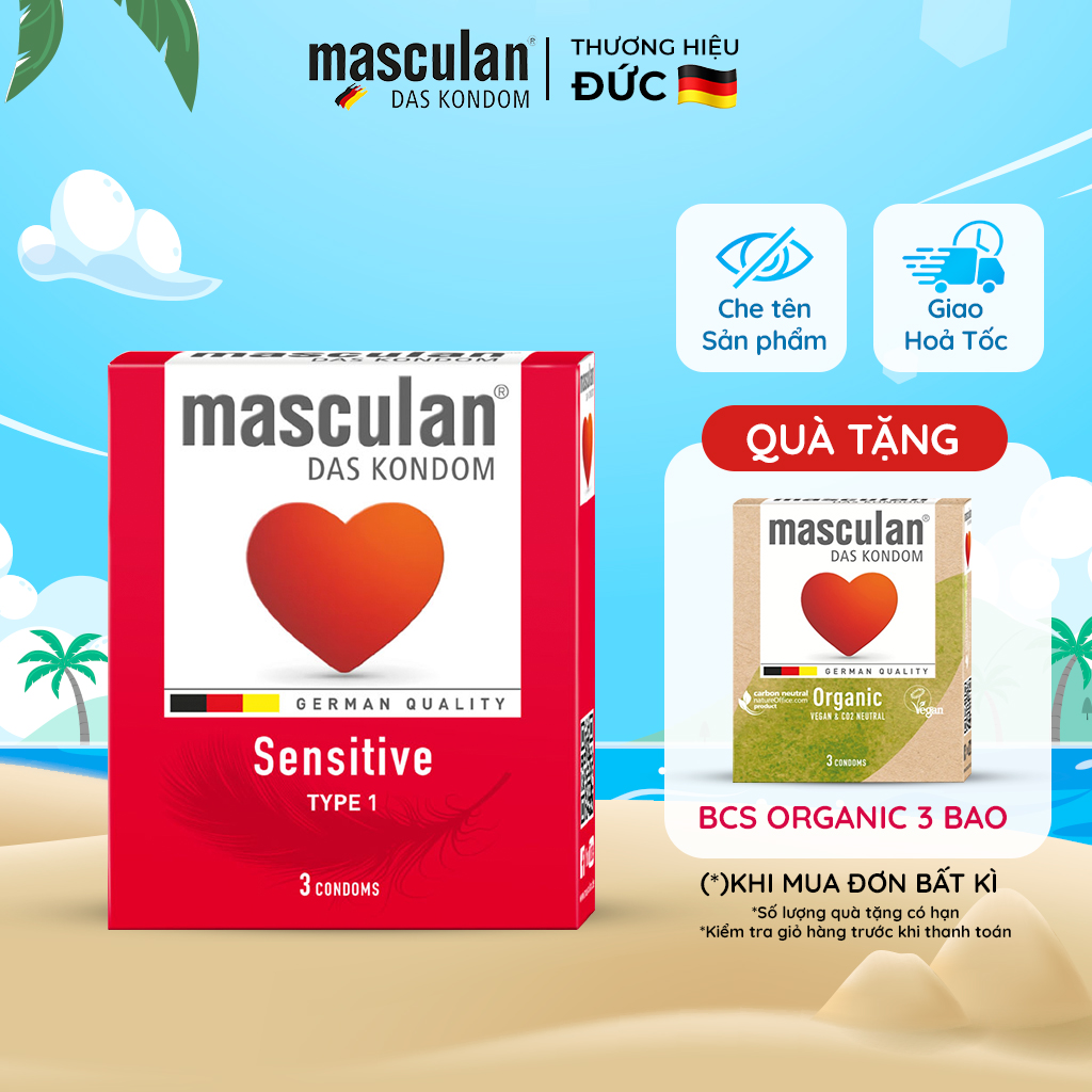 Bao cao su Đức Masculan Sensitive dành cho da khô, da nhạy cảm - Bao cao su thiết kế đặc biệt thêm gel bôi trơn và không mùi cao su - Che tên sản phẩm khi giao hàng