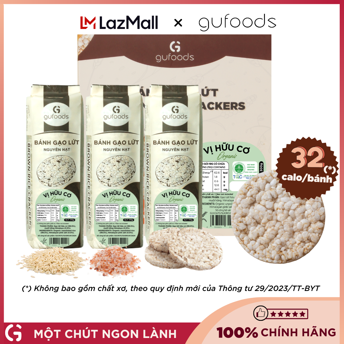 Bánh gạo lứt Hữu cơ GUfoods - Thành phần gạo lứt organic Không đường Không chiên dầu Lành mạnh Phù hợp Eat clean Ăn vặt healthy Thực dưỡng Tập gym Thuần chay