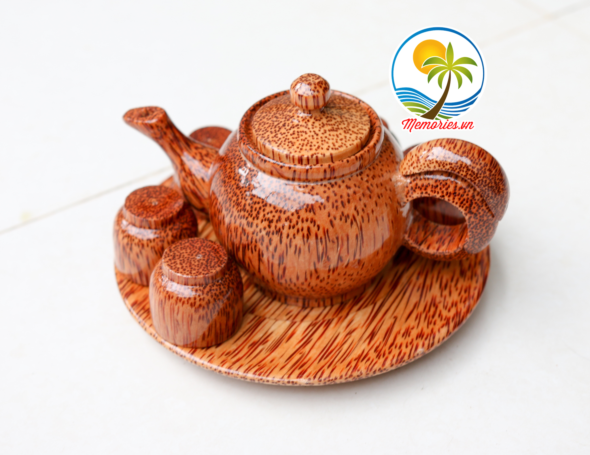 Bộ Bình Trà Bằng Gỗ Dừa Khay Hình Tròn gồm 1 ấm trà 1 đĩa hình tròn 6 ly tách, Quà tặng lễ Tết, handmade thủ công mỹ nghệ