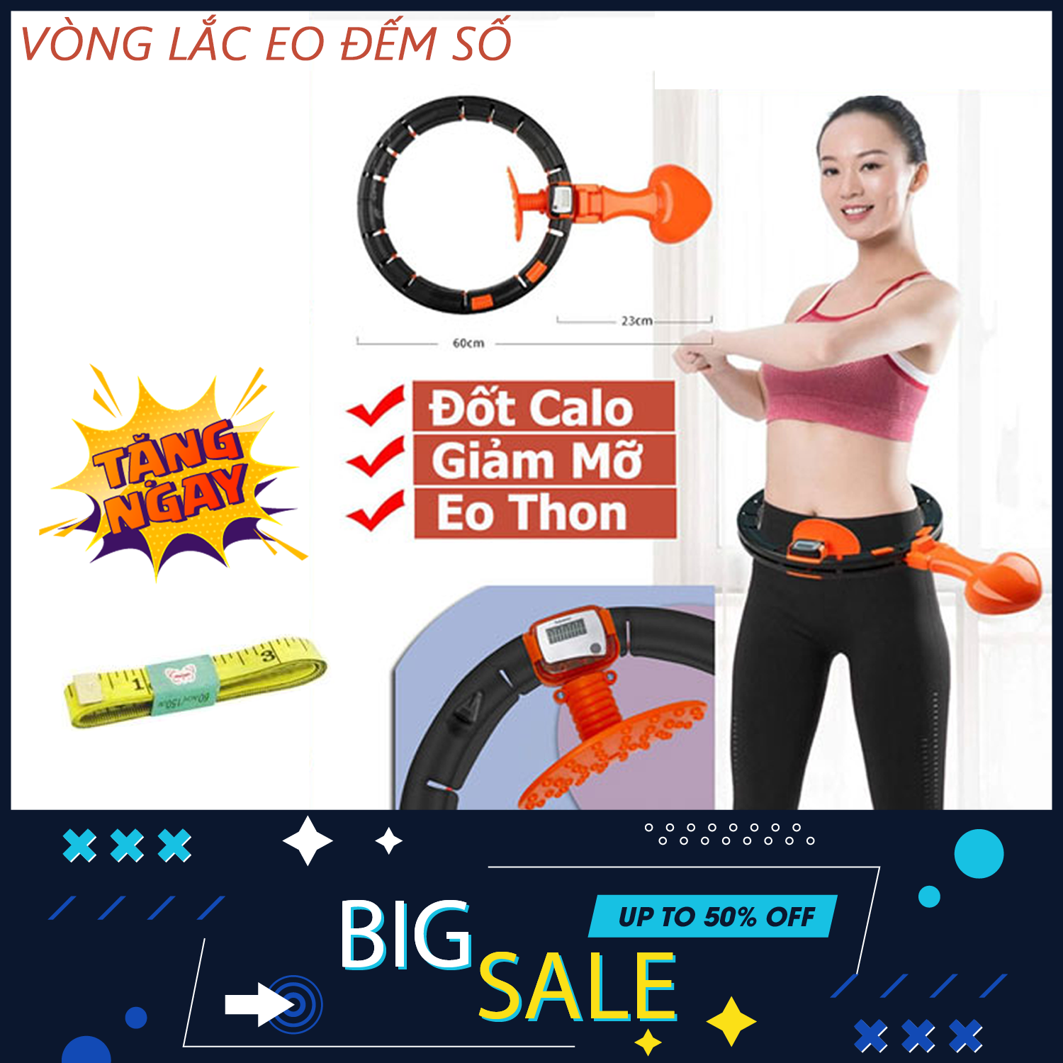 [TẶNG THƯỚC DÂY] Vòng lắc eo giảm mỡ bụng - Vòng lắc eo thông minh, đếm số - Vòng lắc giảm eo, Vòng Lắc Eo Thông Minh điều chỉnh to nhỏ kèm quả lắc tăng hiệu quả + Tặng kèm 1 thước dây đo 3 vàng cao cấp