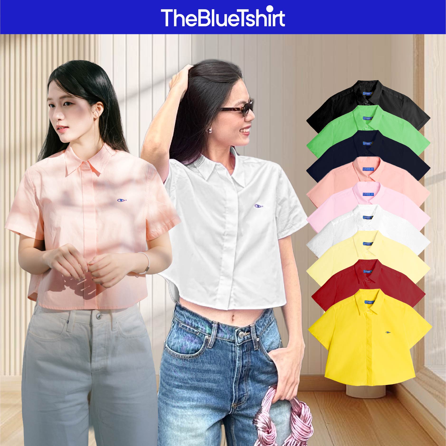  TheBlueTshirt - Áo sơ mi croptop tay ngắn trơn cho nữ - Poplin Boxy Shirt - Women 