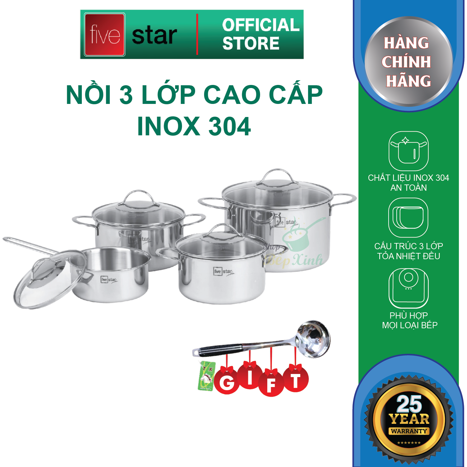 Bộ nồi inox 3 lớp liền khối inox 304 cao cấp Fivestar Plus quai oval 4 món nắp kính , bảo hành 25 năm , dùng được mọi bếp, tặng 1 vá canh