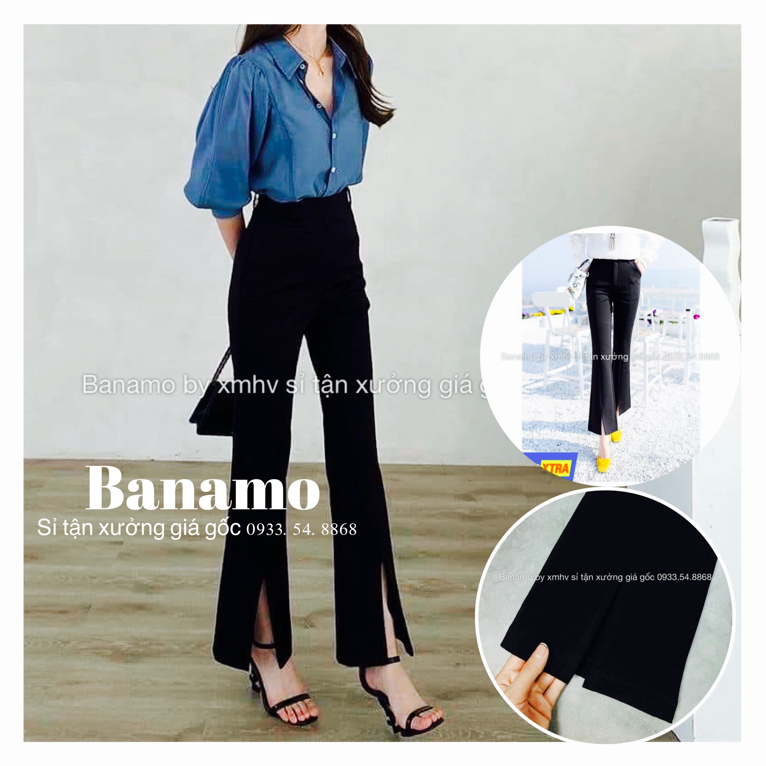 Quần vải ống loe xẻ trước cạp cao dáng xinh thời trang Banamo Fashion quần loe xẻ gấu 435