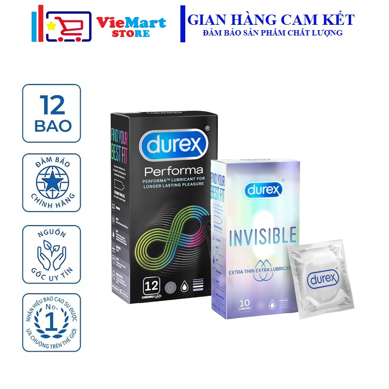 [HCM]Bao cao su Durex Invisible Extra Lubricated 10 bao / hộp + Bao cao su Durex Performa 12 bao / hộp