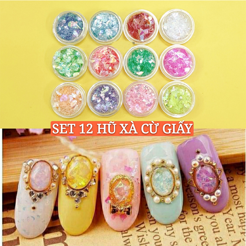 [HCM]Set 12 hũ xà cừ giấy – xà cừ trang trí móng tay đắp gel ẩn phong cách Hàn Nhật
