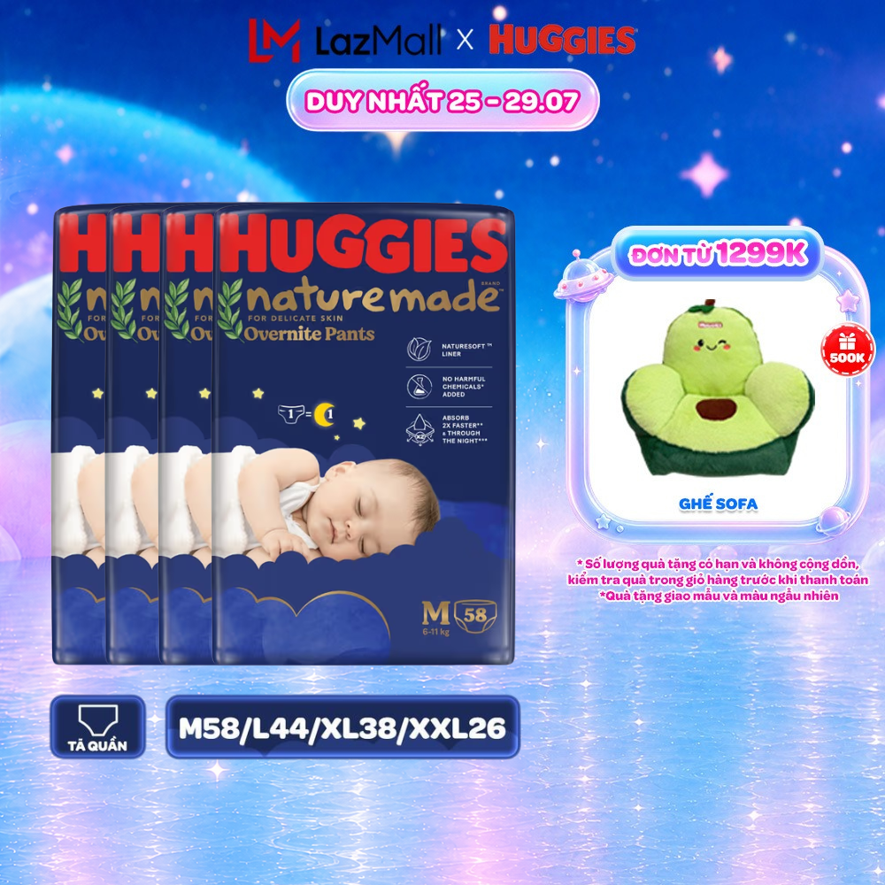 Combo 4 Tã quần Huggies Naturemade ban đêm M58/L44/XL38/XXL26
