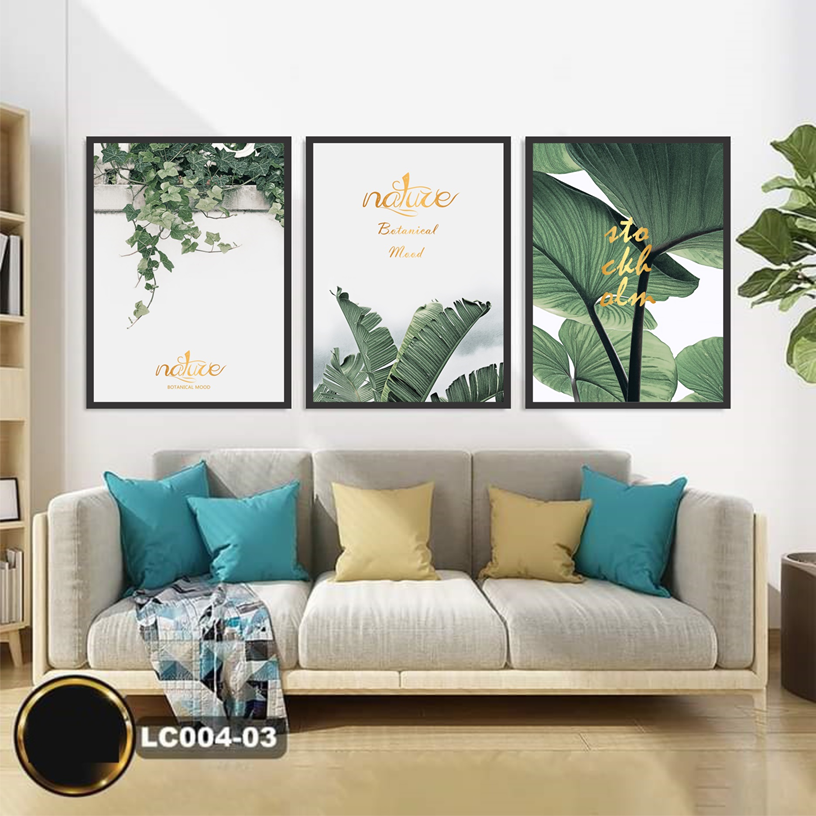 Bộ 3 khung tranh treo tường nghệ thuật in canvas - lá xanh nhiệt đới 2 - kèm khung