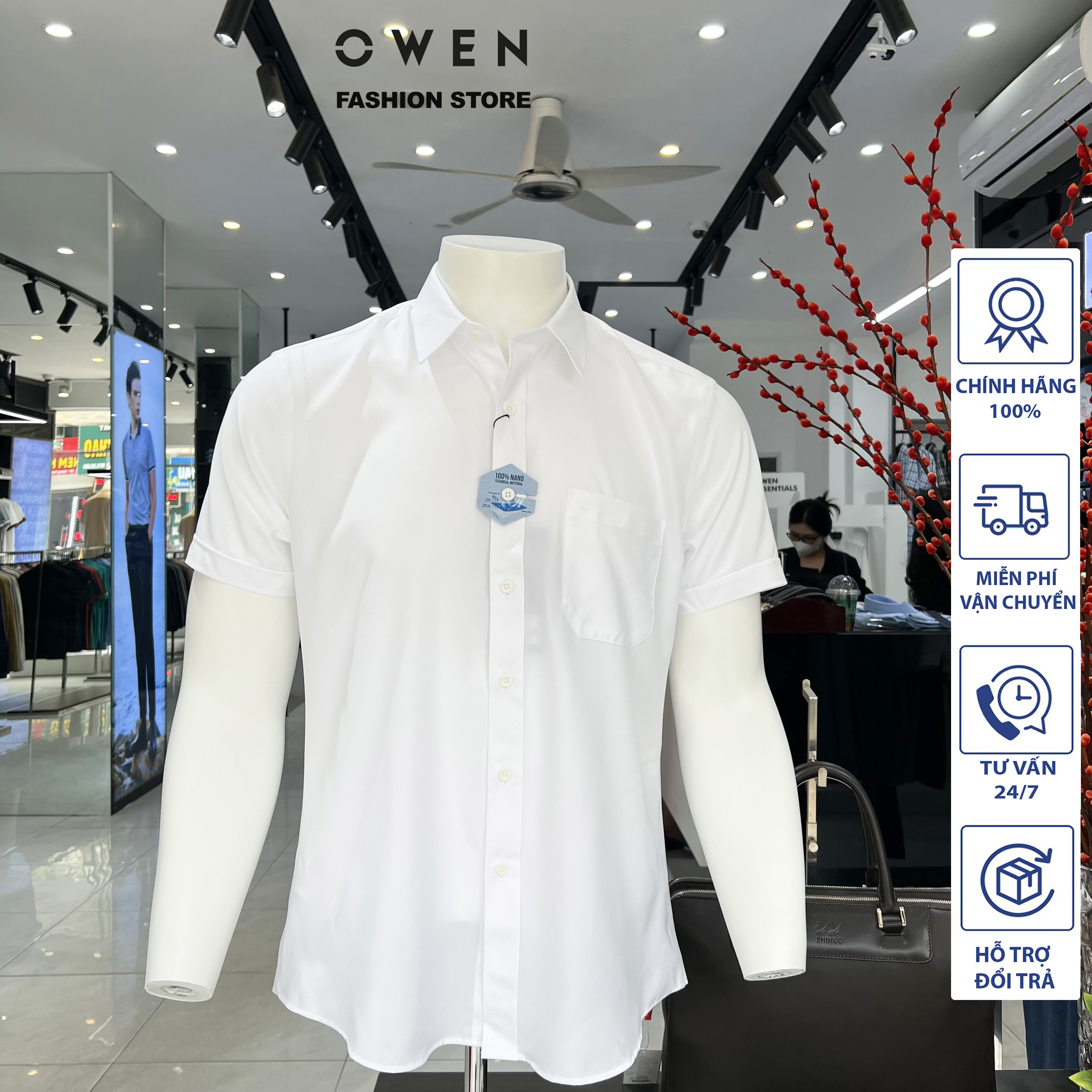 OWEN - (FREESHIP) Áo Sơ mi Trắng Owen cộc tay nam dáng Regularfit (Vạt Tôm) sợi Nano cao cấp chống nhăn AR230317NT