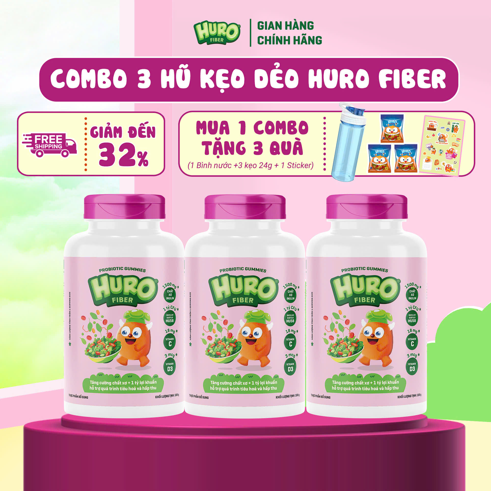 Combo 3 hũ Kẹo dẻo Vitamin lợi khuẩn hỗ trợ tiêu hóa miễn dịch HURO FIBER Bacillus subtilis HU58 Inulin vitamin D3 vitamin C - Hũ 168g