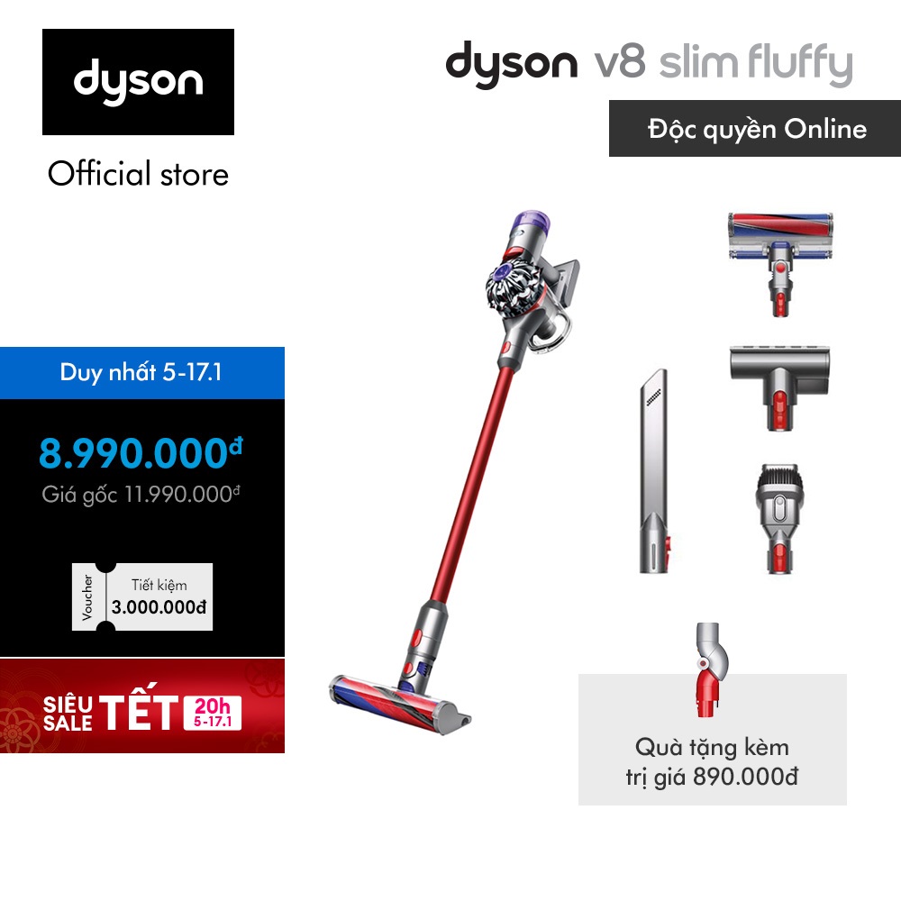 [DUY NHẤT 15.1: Tặng Đầu hút gầm thấp + VC Lazada 10%] Máy hút bụi không dây Dyson V8 Slim Fluffy