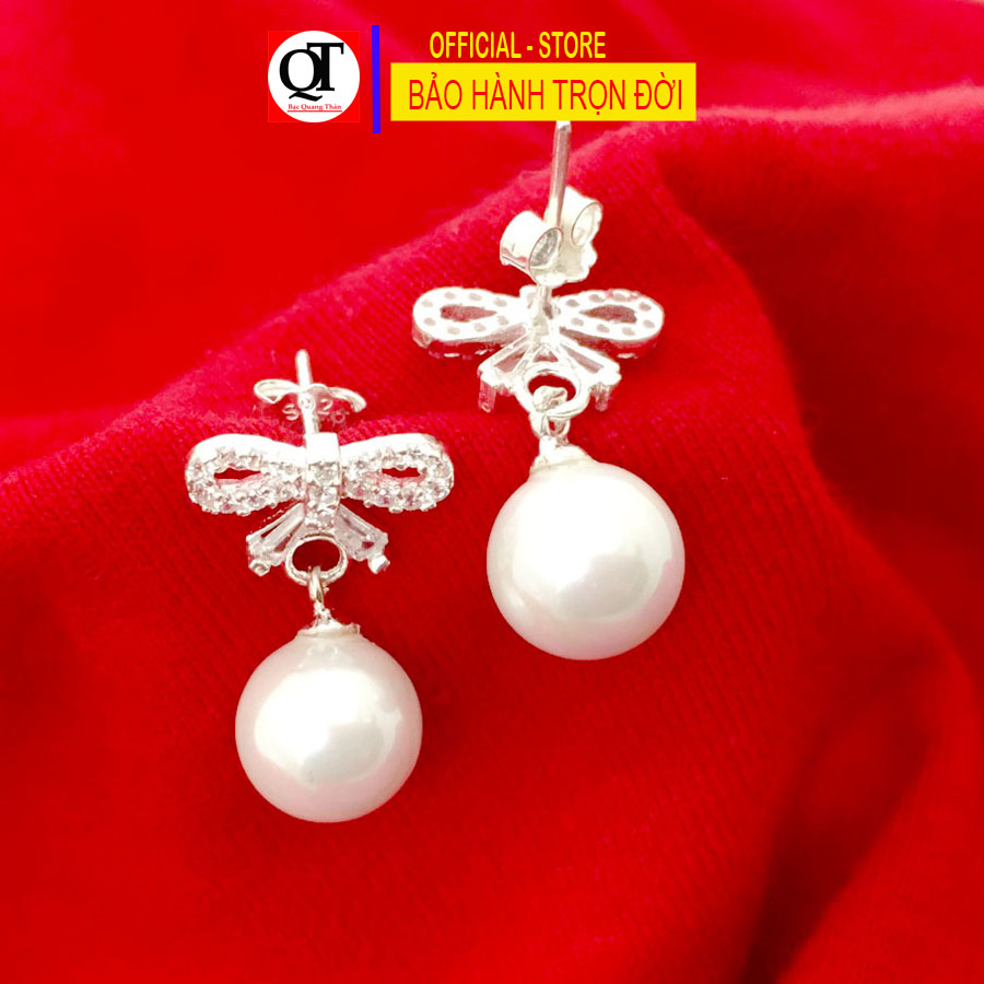 Bông tai nữ Bạc Quang Thản, khuyên tai nữ ngọc trai nhân tạo size 10 ly gắn đá cobic trắng, chốt sát tai chắc chắn chất liệu bạc thật không xi mạ, không gỉ, không gây kích ứng da khi đeo – QTBT36