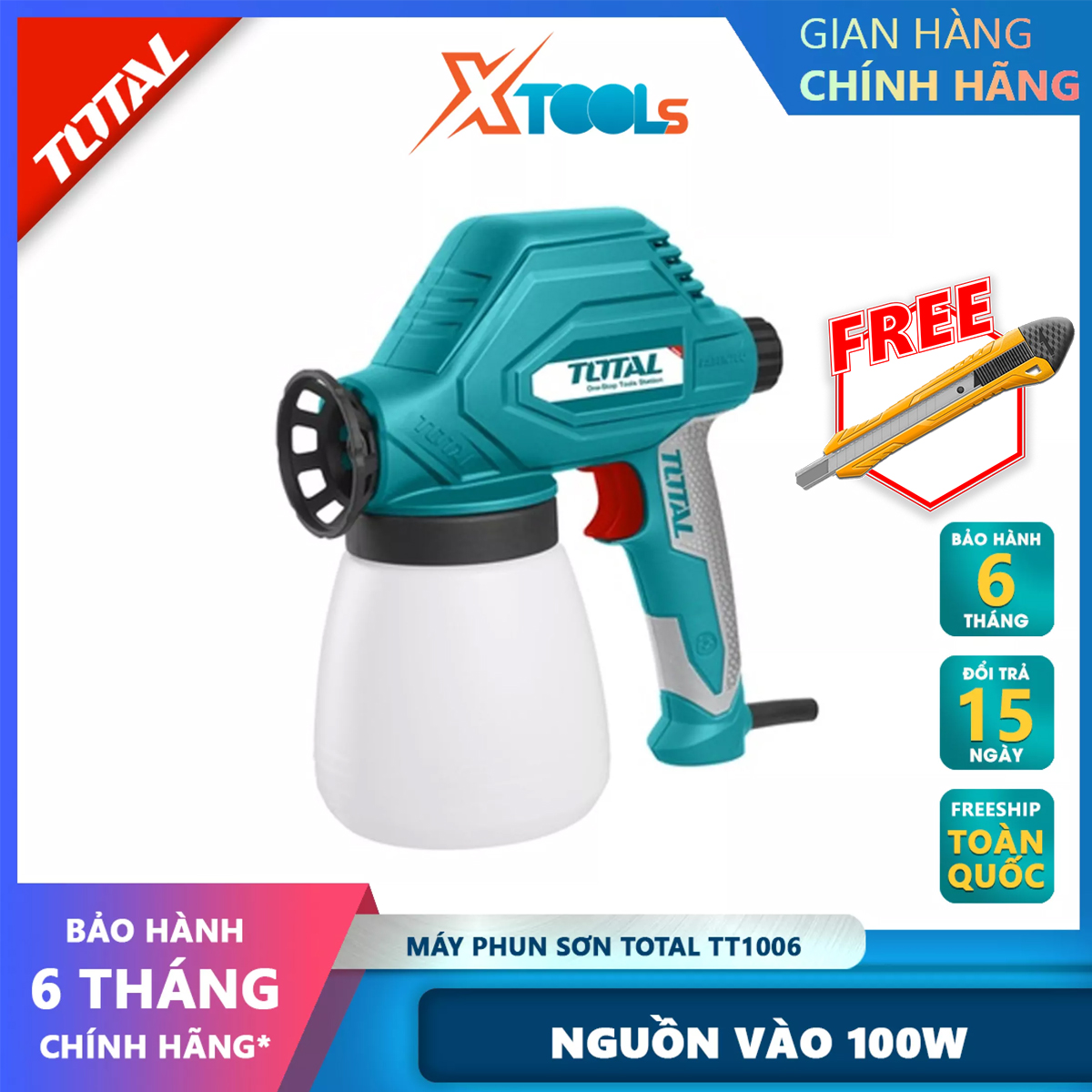 Máy phun sơn total tt1006 súng phun sơn có điện thế 220-240v nguồn vào: 100w, 280ml / phút, 800ml, 0.6 / 0.8mm