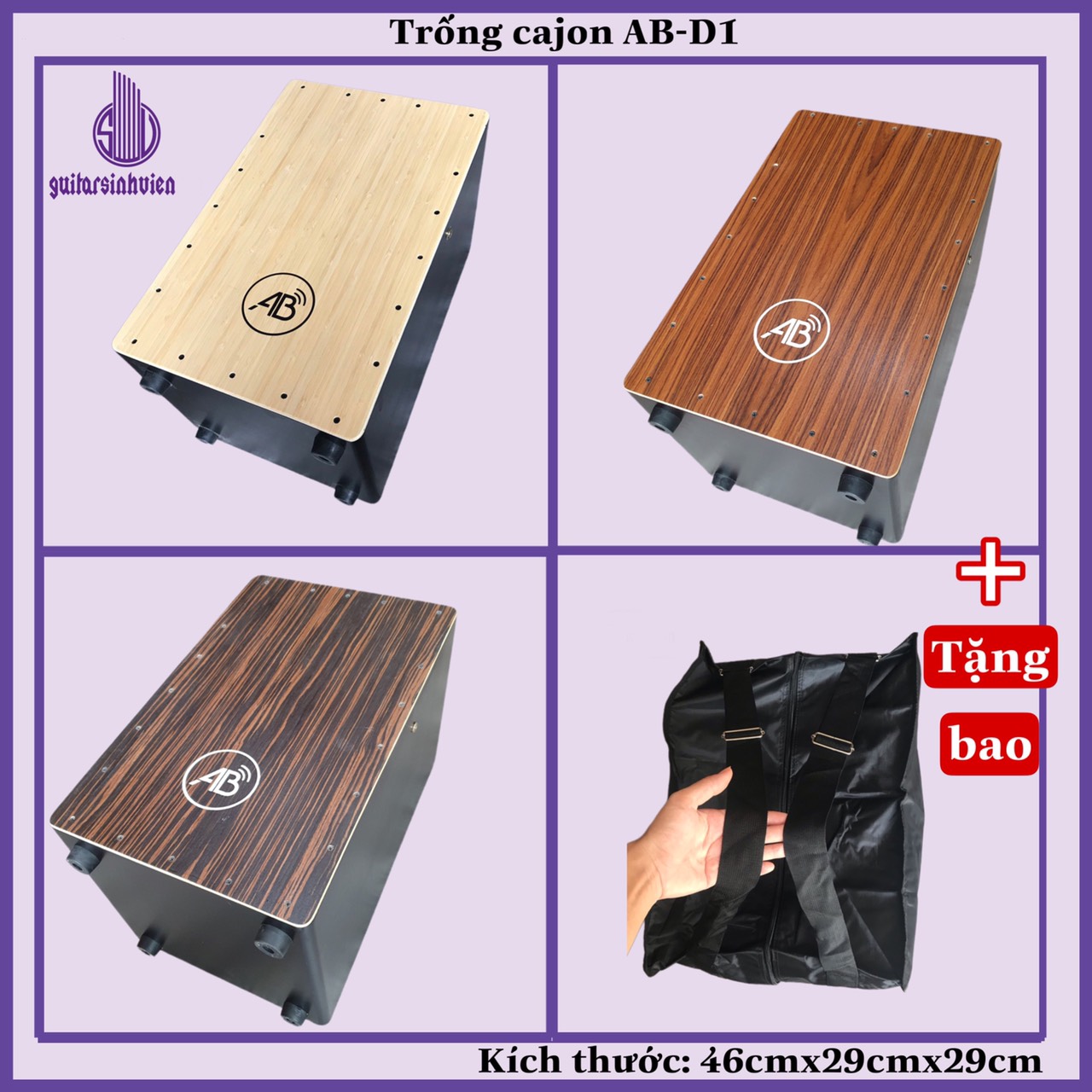 Trống Cajon AB- D1 Drum cho người mới tập chơi - Kèm bao và miếng lót êm mông - bảo hành 6 tháng