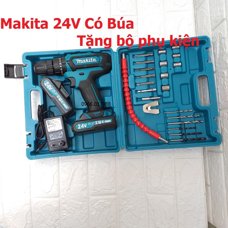 Máy khoan makita 24v có búa lõi đồng 2 pin -tặng bộ phụ kiện - bắt vít, khoan sắt, khoan tường, khoan gỗ -