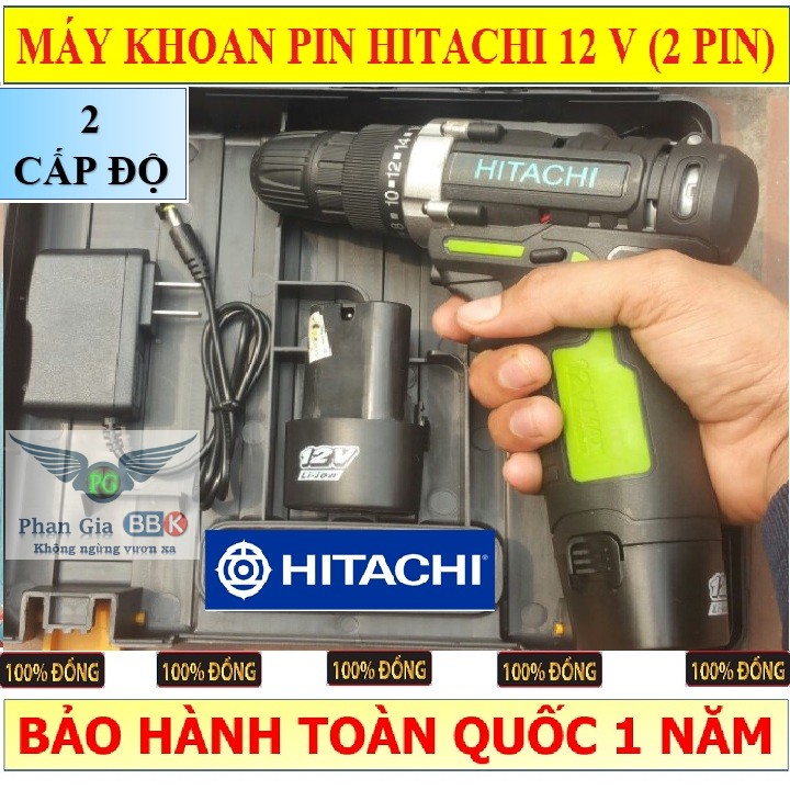 Máy khoan pin, máy bắn vít không dây hitachi 12v, máy khoan cầm tay, máy khoan pin - 2 pin